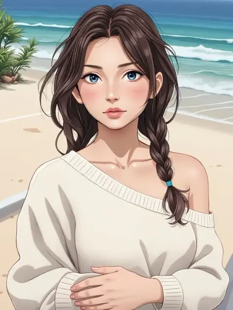 A beautiful anime girl with braided brown hair wearing a white off-shoulder sweater relaxing on a beach.