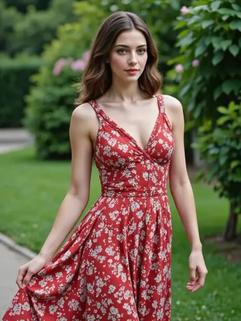 A beautiful digital portrait of a woman in a red floral dress, showing vibrant colors in an ai outfit.