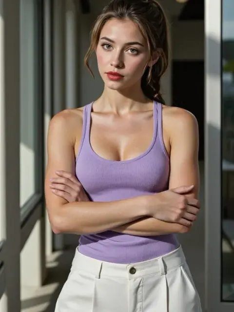 A casual everyday ai outfit featuring a purple tank top and white trousers in a modern indoor setting.