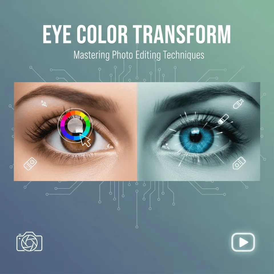 A close-up of a person's face with eyes showing a vibrant, digitally altered color, illustrating the ability to change eye color in photos.