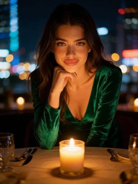 A Girl with deep brown wavy hair, posing in a romantic candlelight dinner setting while wearing a velvet green dress, showcasing consistent AI person generation.