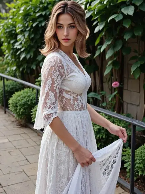 A portrait of a woman in a detailed white lace dress, highlighting intricate textures in this ai outfit.