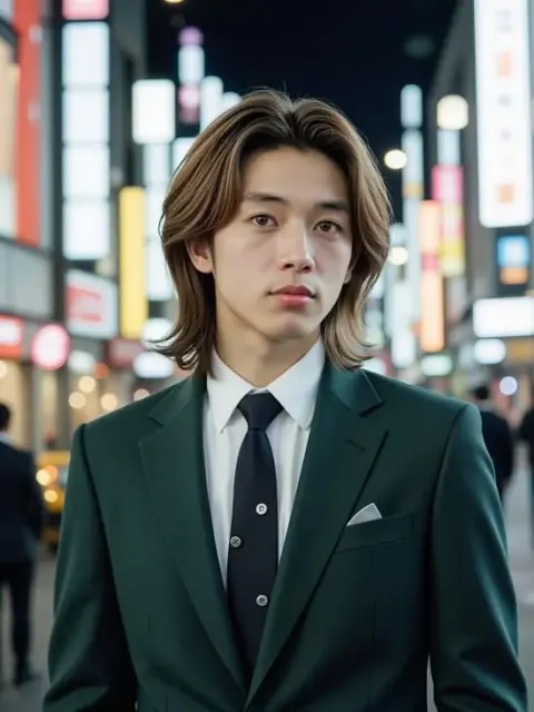 A professional AI human male portrait with mid-length brown hair, posing in a dark green suit and tie with a bustling night city street background, generated in Ultra 4K resolution.