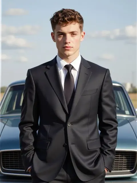 A sleek AI human male in a black suit and tie, taking a professional portrait selfie with an old vintage car and a vast desert mountain background, showcase commercial-grade AI generation.