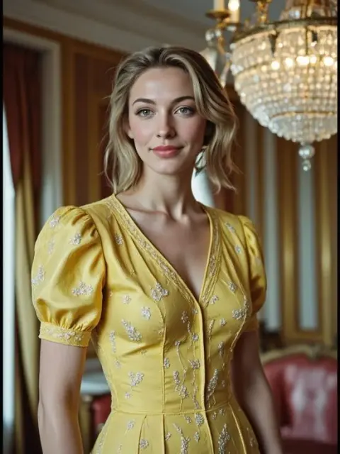 A vintage-style yellow puff-sleeve dress generated as detailed ai clothes inside an ornate room.