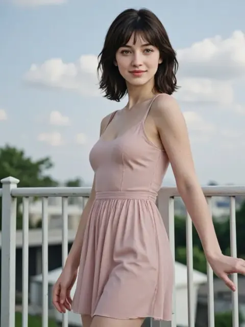 A woman outdoors wearing a soft pink summer dress rendered perfectly as realistic ai clothes.