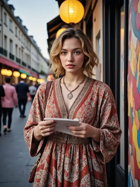 A woman wearing a patterned bohemian dress on a city street, showcasing realistic ai clothes generation.