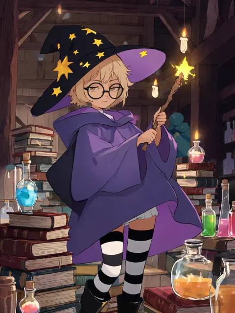 a young anime wizard holding a glowing wand in a potion workshop