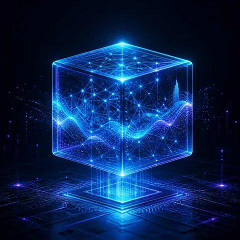 Abstract holographic AI data cube representing MiniMax H3