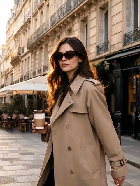 パリの街角でコーヒーを持つ、サングラスとベージュのトレンチコート姿のAIファッションインフルエンサー