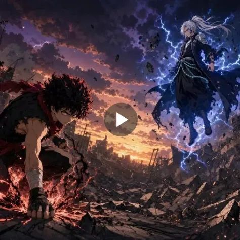 Escena de batalla de anime generada por IA con dos personajes y relámpagos.