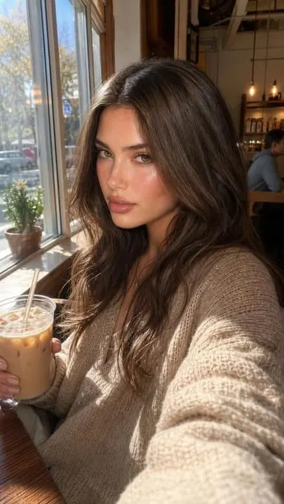 AI-generated female influencer posing in a warm cafe interior