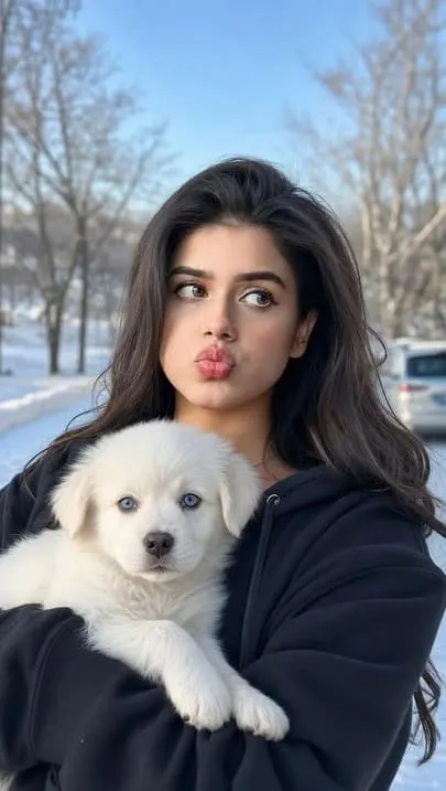 AI-generated influencer holding a white dog in an outdoor portrait
