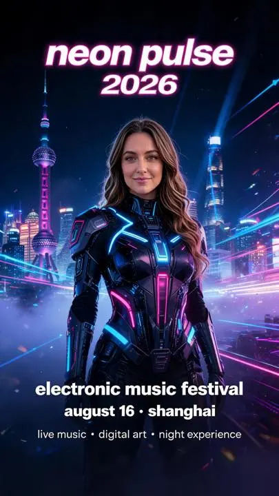 AI-generated vertical NEON PULSE 2026 electronic music festival poster in a neon cyberpunk Shanghai setting.