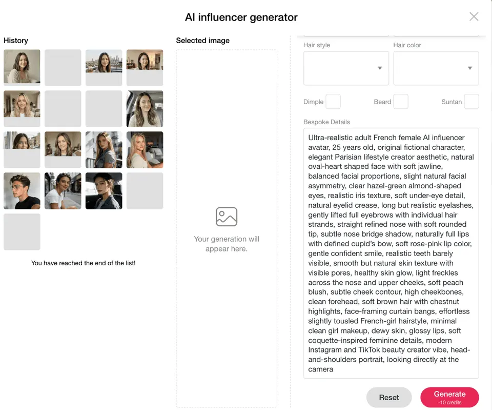 AI influencer generator with a detailed French female influencer prompt and image generation settings