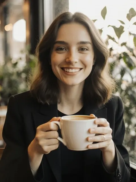 AI influencer holding a coffee cup in a bright cafe