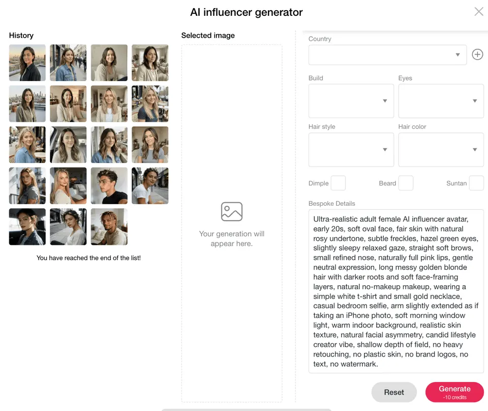 AI influencer image setup with reference prompt for consistent image generation.