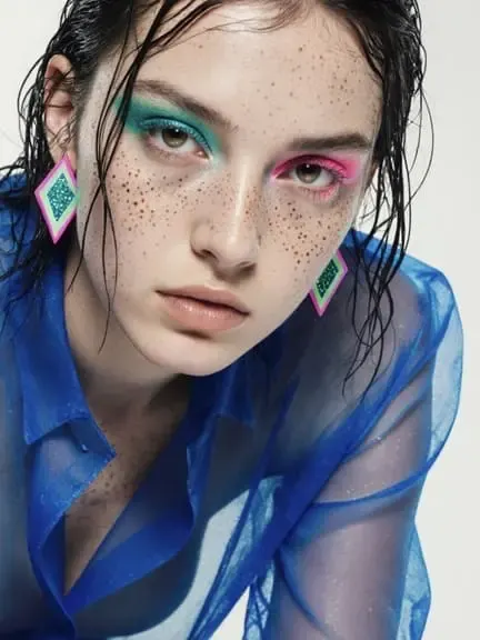 AI influencer portrait with colorful makeup and blue sheer outfit
