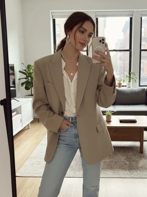 AI influencer taking a mirror selfie in a beige blazer