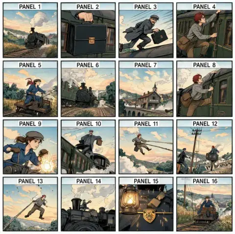 Guión gráfico del generador de películas de IA con 16 paneles ilustrados de persecución de trenes