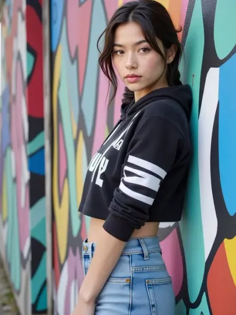 カラフルな壁画の横に立つパーカーを着た若い女性