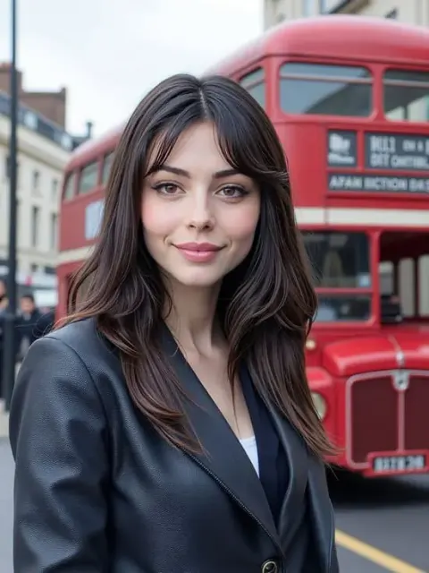 ai selfie: A detailed AI human female portrait with long dark brown hair, wearing a sleek black leather jacket in a city street setting with a red bus background.