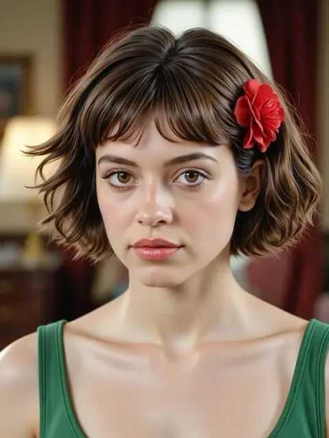 A stunning AI character selfie with curly bob hair, a small red flower accessory, and a green top, posing in a warm, vintage-style library setting, generated in Fast Mode.