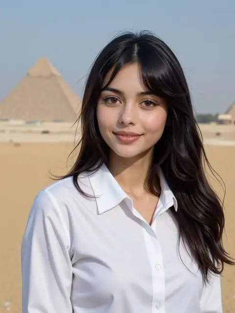 A close-up selfie of an AI human female with long brown hair, wearing a white shirt and posing directly in front of the Great Pyramid of Giza, generated with precise details.
