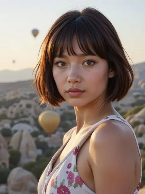 An Asian AI person with a chic brown bobcut, taking an outdoor beach selfie with a hot air balloon background, wearing a floral bikini, produced by APOB AI.