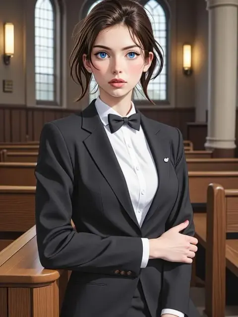 An elegant anime character wearing a formal black suit and bow tie standing inside a classic hall.
