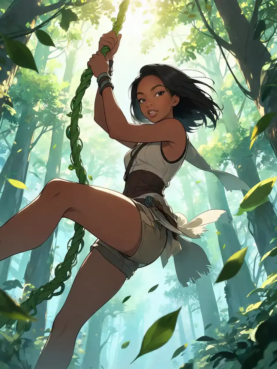 Personaje animado de aventuras en la jungla balanceándose entre árboles verdes