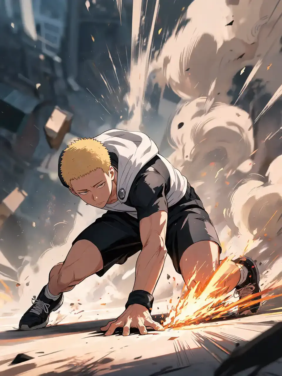 Personaje de anime aterrizando en una escena de acción polvorienta.