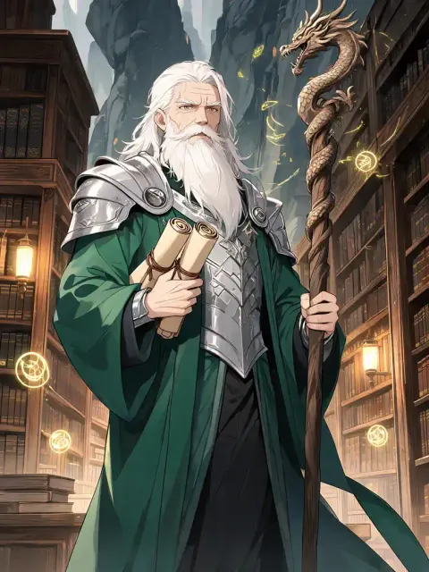 anime fantasy character generator featuring an elderly wizard with a dragon staff in a magic library