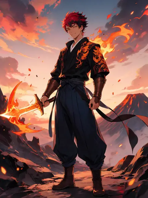 Anime fire warrior with red hair and a volcanic background