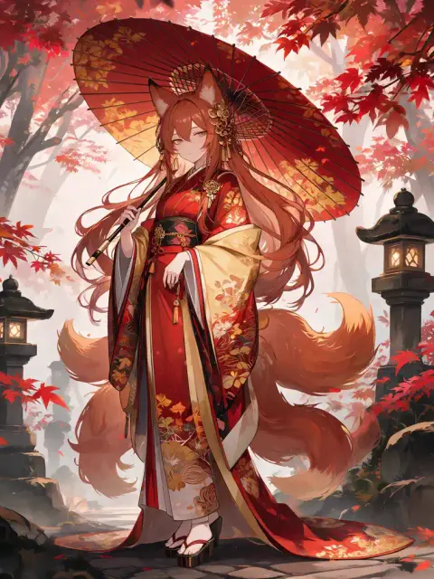 anime fox girl character generator with red kimono and umbrella in an autumn forest