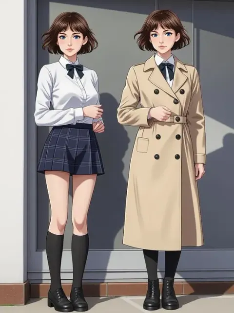 Anime girl outfit concept with school uniform and trench coat