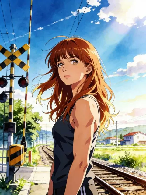 Anime-Mädchen steht neben Bahngleisen unter blauem Himmel