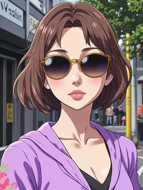 Anime girl with sunglasses and purple hoodie on a city street