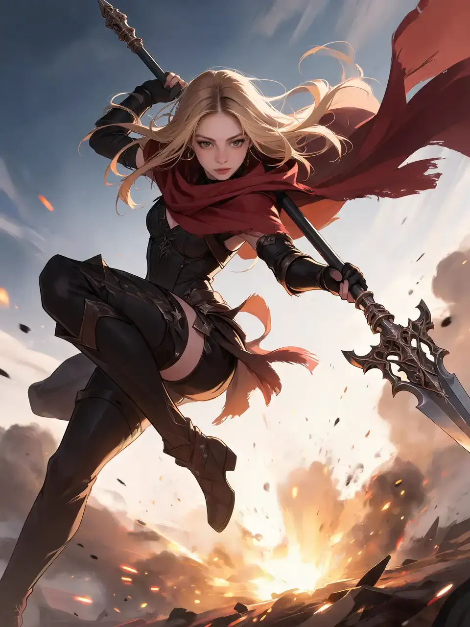 Heroína del anime saltando a través de una escena de batalla ardiente