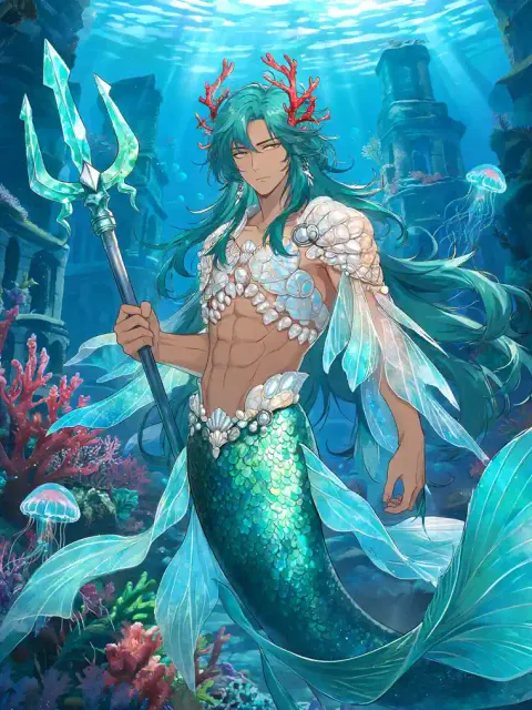 Anime mermaid with turquoise hair and underwater ruins