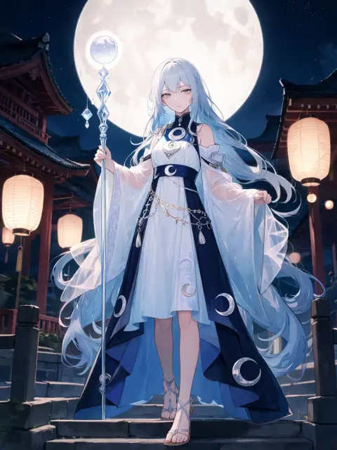 Anime moon princess with blue hair and crystal staff