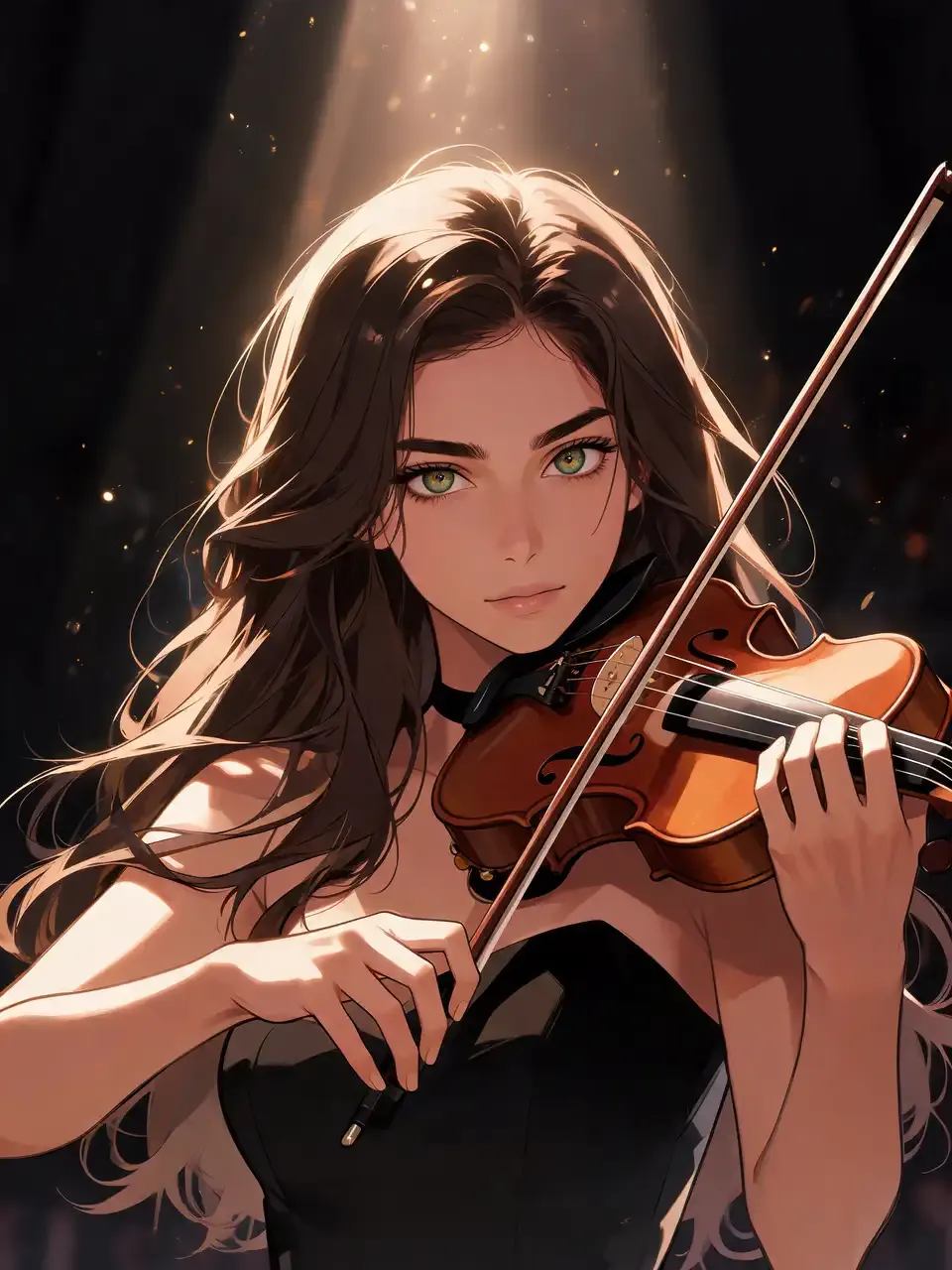 Violinista de anime tocando en un escenario de fantasía dramática.