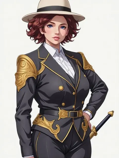 Anime woman in black and gold uniform holding a sword