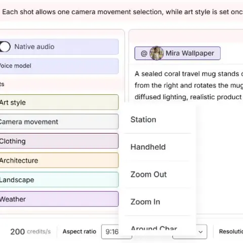 APOB AI Menú de movimiento de la cámara abierto dentro de una toma de texto a video con las opciones Estación, Dispositivo portátil, Alejar y Acercar