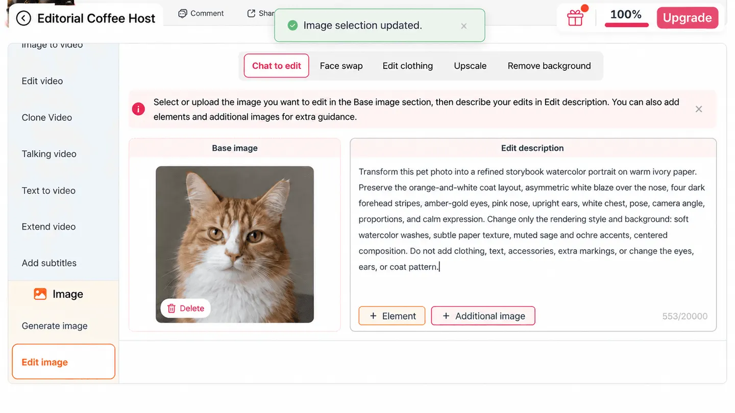 APOB AI Chat to edit Base image panel showing an authorized orange-and-white tabby upload