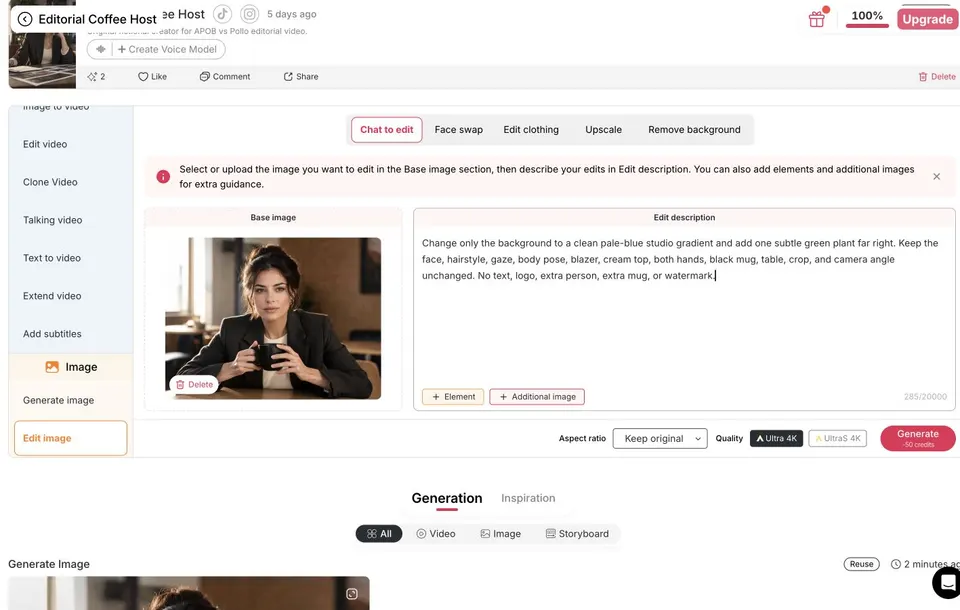 APOB AI Chat to edit instruction changing only the background while preserving the subject, mug, hands, outfit, crop, and camera angle