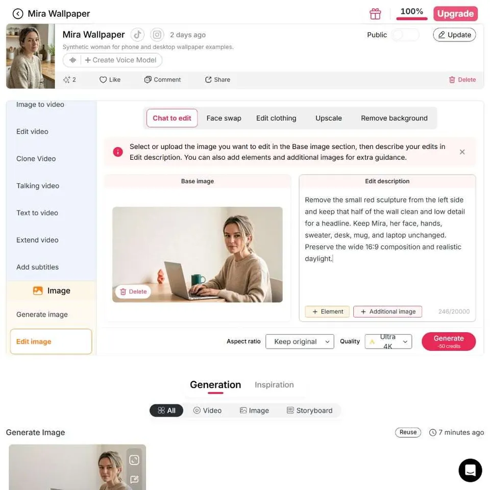 APOB AI Chat to edit with a banner base image and a focused background-cleanup instruction