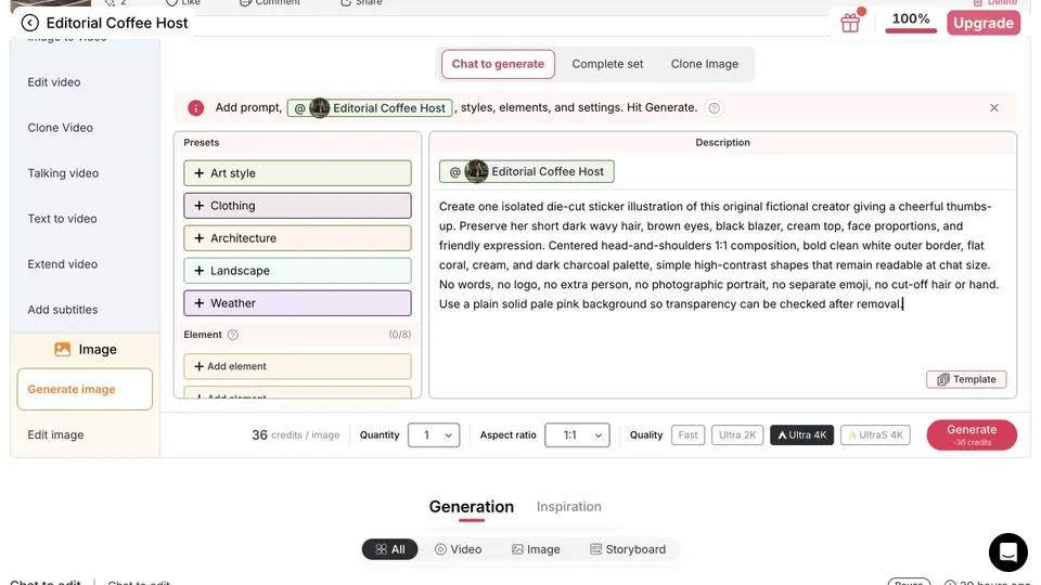 APOB AI Chat to generate prompt with Quantity 1, 1:1 aspect ratio, Ultra 4K quality, and a 36-credit quote