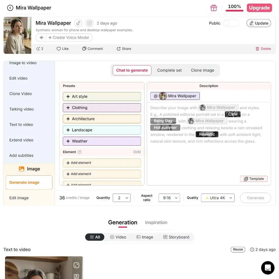 APOB AI Create workspace with the Mira Wallpaper model selected for banner artwork