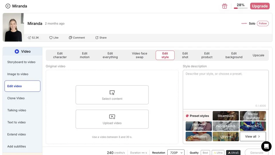 Panel «Editar estilo» de APOB AI preparado para un video de origen